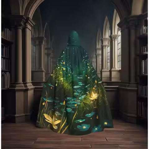 Glowing Emerald Magical Enchanted Forest Viking Goddess Long Hooded Cloak Witch Medieval Costume Cos