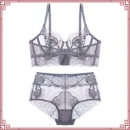 Flower Embroidery Lace Transparent Bra Set Plus Size Ultra Thin No Sponge See Through Bras Underwear