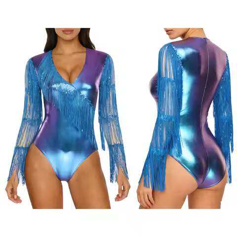 Women Elegant Party Club Pole Dancing Latin Cha-cha Dance Bodysuit Tiered Sequin Tassel Jumpsuit for