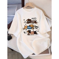 T-Shirt Lengan Pendek Putih Musim Panas Y2K Wanita - Grafik Anjing Kartun Comel, Leher Krew Longgar