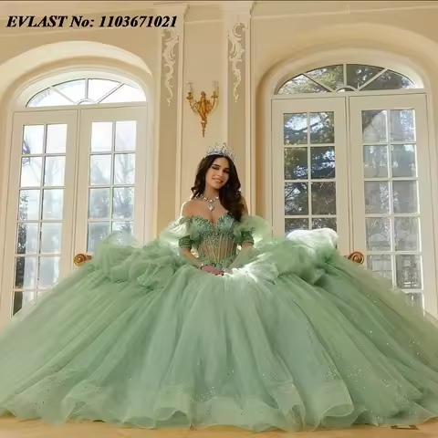 EVLAST Customized Mint Green Quinceanera Dress Ball Gown Shiny Lace Applique Beading Corset Sweet 16