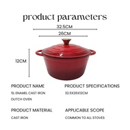 5.0L Enamel Cast Iron Dutch Oven26CM Casserole Pot Soup Pots Cookware French Oven Multi-function Ste