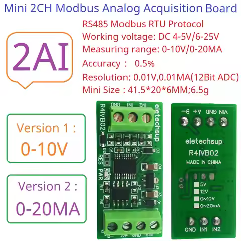 Low-Cost 2-AI Modbus RS485 Voltage Current 12Bit ADC Collection Module 4-20mA 0-10V PLC HMI Analog R