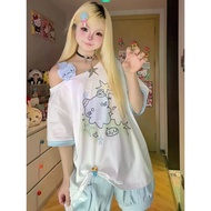 Sweet and Cute Off-the-shoulder T-shirt for Women: New Summer Japanese-style YK2 Printed Loose-fit S