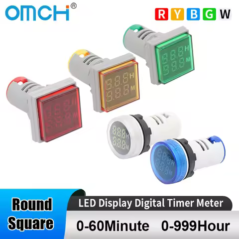 OMCH Square/Round 22mm Led digital Timer Meter 0-60 minute/0-999hour AC 220V-380V Mini Signal Light 
