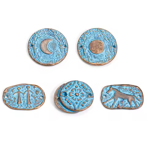 10PCs Bohemian Round Flower Horse Moon Pattern Charms Blue Patina Geometric Connectors Diy Necklace 