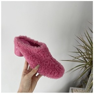 Mid-Heel Furry Fleece Slippers - Red Winter Fashion for Women