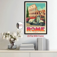 ภาพวาดผ้าใบกรอบ 1 ชิ้น แบบ 2D เสื่ย - โปสเตอร์คลาสสิกของมoto scooter ที่ Rome Italy Colosseum & Ital