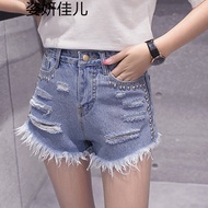 Yan son pose new spring and summer 2017 women flash slim slim loose size rivet hole tide shorts deni