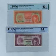 Uang Kuno RIS 1 Set 5 dan 10 Rupiah Soekarno 1950 PMG 64 PCGS 64