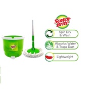 3M Scotch Brite Single Spin Mop Bucket Set - Long Handle Lightweight 360 Rotating Mop Head Sturdy Bu