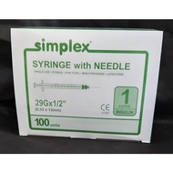 SIMPLEX DISPOSABLE INSULIN SYRINGE WITH NEEDLE 1cc- 29g x 1/2" (100Units/Box)