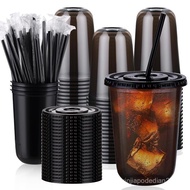 100 Set 16oz Plastic Cups with Lids and Straws, Disposable Black Clear Iced Coffee Cup with Lid, Rou