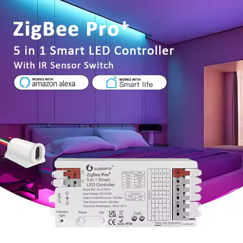ZigBee Pro 5 in 1 LED Controller GL-C-201P 20A RGBCCT RGBW RGB CCT DIM Smart Life APP Alexa Voice Co