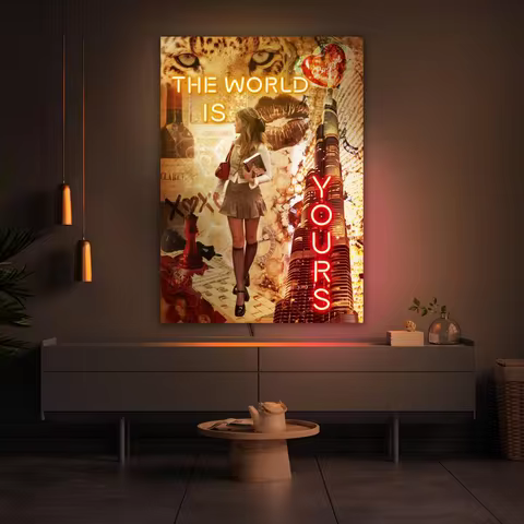 The world is yours neon sign, Travel neon sign, Collage neon sign, Collage print poster, The world i