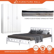 SKL Furniture HAVEN Queen Wooded Bedroom Set / Queen Mattress / Almari Baju