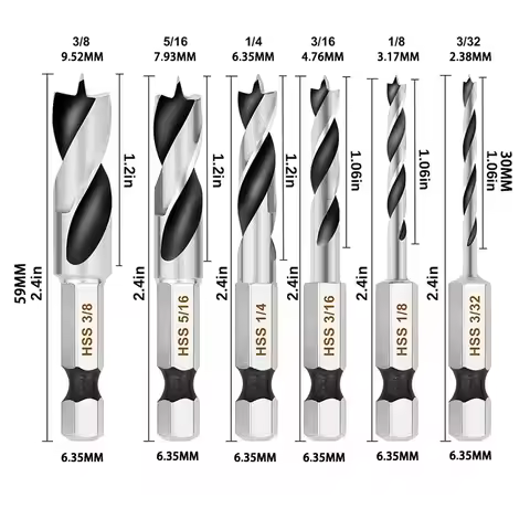 2/6Pcs 1/4" Hex Shank Drill Bits Quick Change 3-Point Stubby HSS Drill Bit Set For Electric Drill Wo