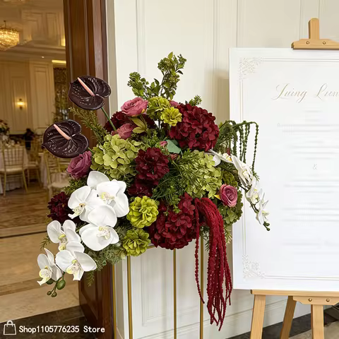 Flower Floral Artificial Green Burgundy Artificial Flower Arrangement Anthurium Hydrangea Orchid Cen