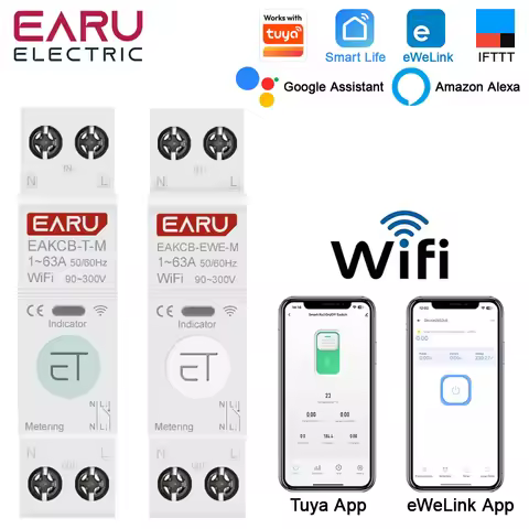 Tuya eWeLink WiFi Smart Circuit Breaker 1P+N 63A MCB Time Relay Switch Energy Meter kWh Voltage Curr