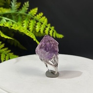 紫水晶活口戒指 隨形晶柱紫色水晶原石標本礦物手工指環 S925銀