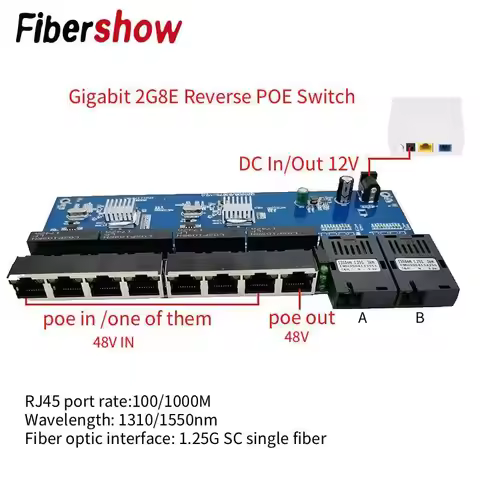 Reverse POE 10/100/1000M 2SC 8 RJ45 20KM Gigabit Ethernet Switch 2F8E Fiber Optic Media Converter UT
