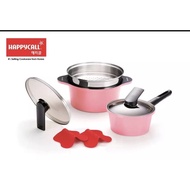 HOT🔥. HAPPYCALL 5PCS ALUMITE CERAMIC DIE CAST STOCK POT+ SAUCE PAN+STAINLESS STEEL STEAMER COOKWARE SET-PINK