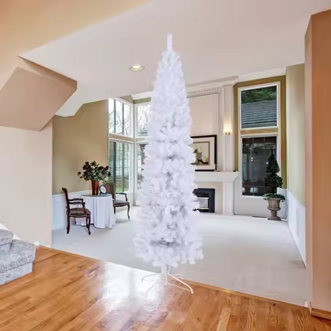 7.5FT White Slim Artificial Christmas Tree Foldable Metal Stand Unlit Pencil Xmas Tree Home Holiday 
