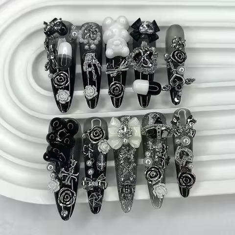 Cute Japanese Dark Jirai Long Tip Handmade Press On Nails Y2K Shibuya Spice Girl Fake Nails Bow Bear