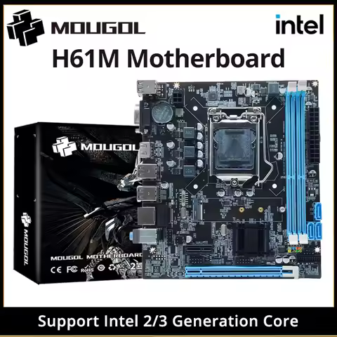 MOUGOL H61M Motherboard M.2 NVME PCIEx16 DVI Supports Dual-channel DDR3 RAM Intel Core 2/3 Gen CPU L