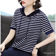 【Ensure quality】Summer CottonTT-shirt Women's Half Sleeve Shirt Striped Hooded Top plus Size Women's Clothes Short Sleev