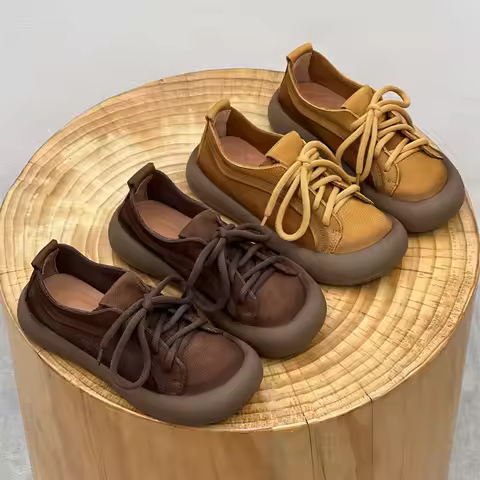 Retro style women's cowhide shoes for outdoor leisurewalkingsoft lace up flat shoes farmers' field w