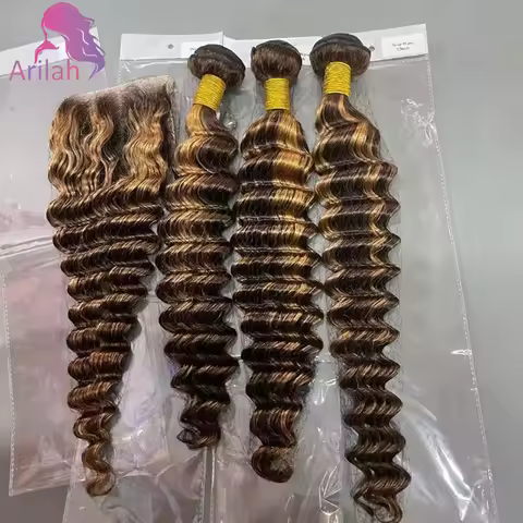 2/3PCS P427 Highlight Loose Deep Wave Bundles Human Hair Bundles With 4x4 Lace Closure 100% Unproces