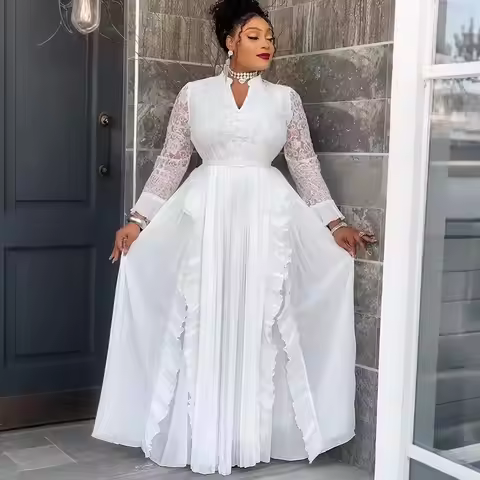 Plus Size African Wedding Party Long Dresses for Women Dashiki Ankara Lace Evening Gown Elegant Outf