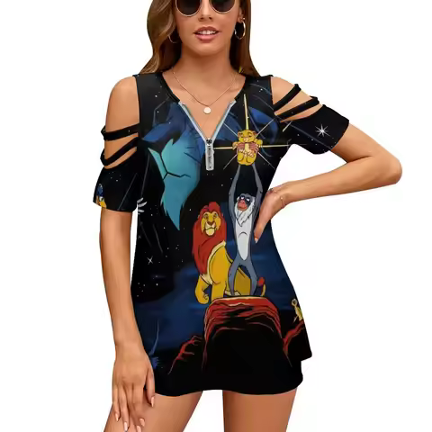 Lion Wars Women's T-Shirt Summer Fashion Print Floral V-Neck Zipper Tshirt Hollow Pullover Ladies To
