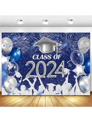 1入組畢業季藍色背景橫幅210*150/150*100/100*75公分博士帽氣球煙火派對背景佈景布，適用於畢業典禮裝飾、班級舞會、照片攝影棚和道具