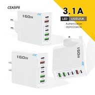 CEASIF6 160W Charger Plug, 6 Ports EU/US/UK Phone Charger Adapter, USB A+C Fast Charging with LED Mu