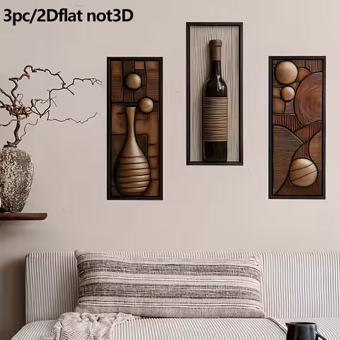 3Pcs Wine & Vase Wooden Wall Decor with Nano Tape, Abstract 2D Flat Wall Art