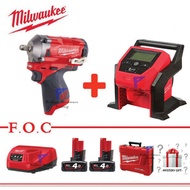 Milwaukee Stubby Impact Wrench+Compact Inflator Combo Set- with 2pcs 4.0 battery