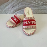 香奈兒/Chanel 紅白刺繡字母logo 女士拖鞋