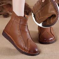 Thick Bottomed Genuine Leather Warm Shoes Handmade Sewing Mom Cotton-padded Shoes Vintage MIMZF Cowhide Hugh Head Short Boots Female Rubber Sole