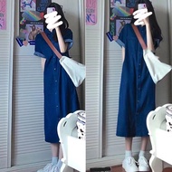 เดรสผ้ายีนส์ลำลองผู้หญิงบางใหม่ฝรั่งเศสย้อนยุคปกเสื้อแขนสั้นกระโปรงเหนือเข่ากระโปรงยาว Denim dress. 