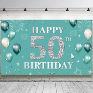 50th Birthday Decoration Backdrop Banner, Teal Silver Happy 50th Birthday Decorations for Women, Tur