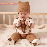 baju raya 2026 Baju Baby Boy Clothes Set 0-9 Months 4PCS Newborn Baby Clothing Cute Bear Print Short