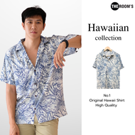 THE ROOMS - เดอะรูม เสื้อฮาวาย โคตรนุ่ม แขนสั้น ไม่ต้องรีด เสื้อยับยาก ผ้าดีมาก ลาย Hilo สีน้ำเงิน