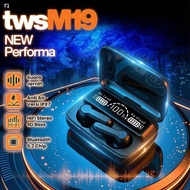 PROMO - HEADPHONE BLUETOOTH 5.1 EARBUD M19 TWS NIRKABEL LED DIGITAL POWER DISPLAY BASS STEREO