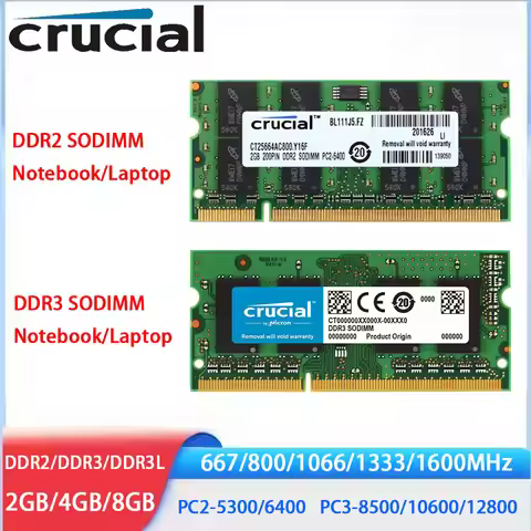 Crucial Laptop Memory DDR3 DDR3L DDR2 2GB 4GB 8GB 1600 1333 1066 667 800MHz PC3-8500 10600 12800 1.5