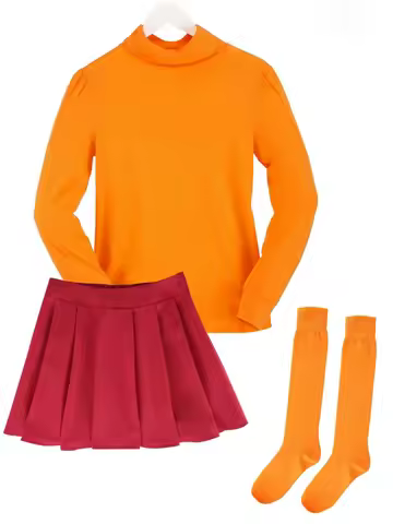 Halloween Velma and Daphne Costume for Women Long Sleeve Turtleneck Shirt Top and Mini Skirt with St