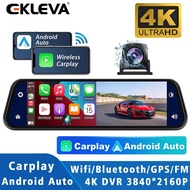 EKLEVA 4K UHD 2160P Carplay Android Auto Dash Cam Stream RearView Mirror GPS Navi WIFI Car DVR Video Camera Recorder FM Transmitter