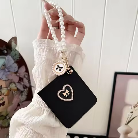 Luxury Cute Bow Love Heart Dermatoglyph Phone Case with Pearl Bracelet for Samsung Galaxy Z Flip 7 Z
