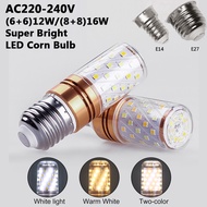 3H Lampu Mentol LED E14/E27 12W (6+6)/16W (8+8) Corn Bulb 3 Warna Untuk Lampu Hiasan Dekoratif